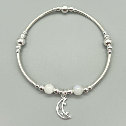 Moon and stars charm sterling silver and moonstone healing crystal stacking bracelet by My Silver Wish