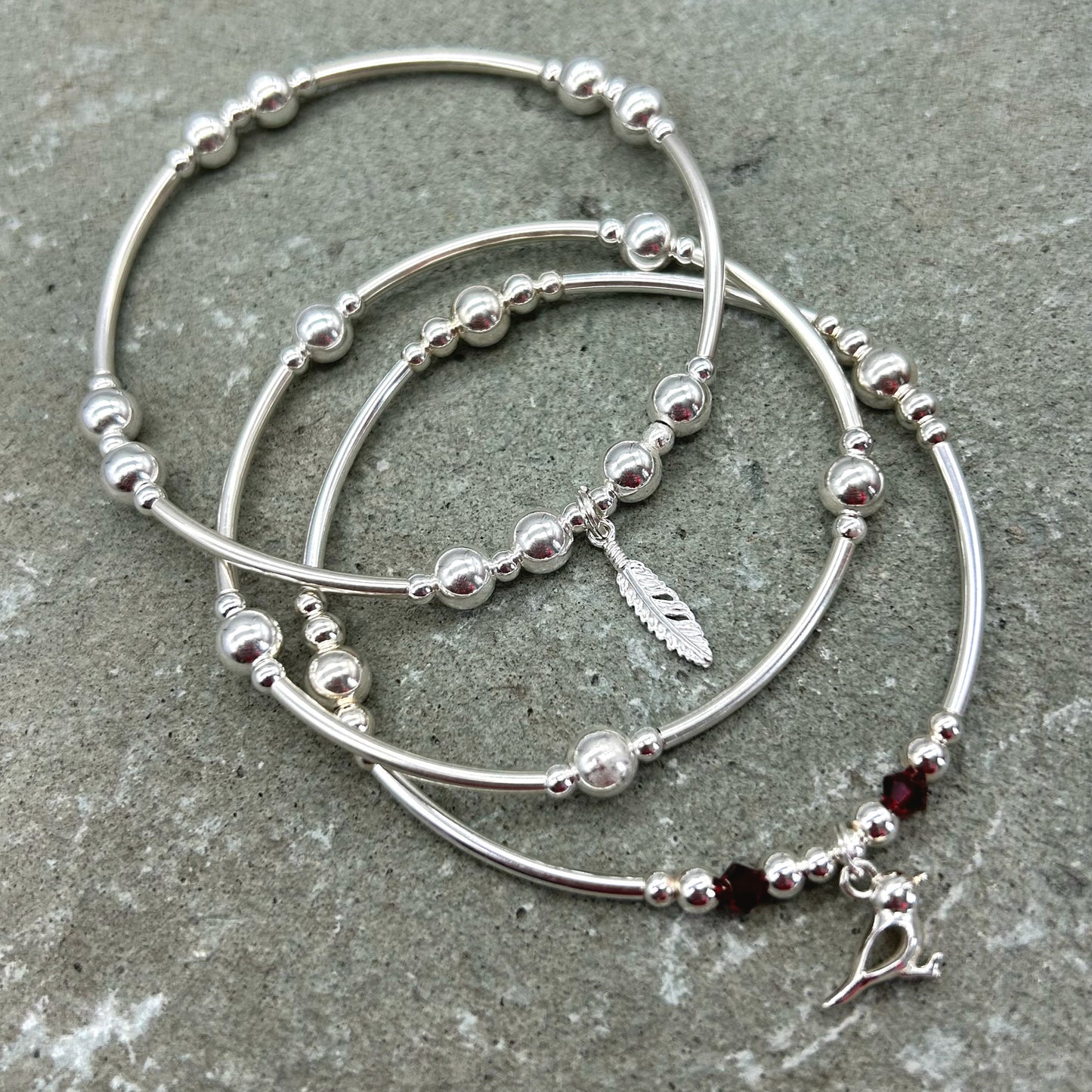 Loved Ones are Near when Feathers and Robins are Near, silver stacking bracelet set by My Silver Wish