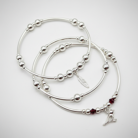 Loved Ones are Near when Feathers and Robins are Near, silver stacking bracelet set by My Silver Wish