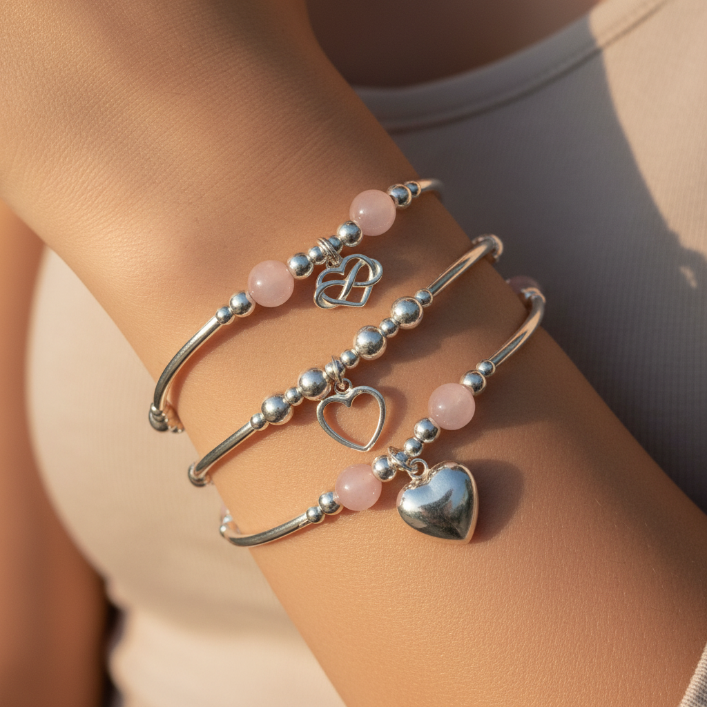 Woman wearing a Rose Quartz Hearts Sterling Silver Women's Charm Stacking Bracelet Set by My Silver Wish