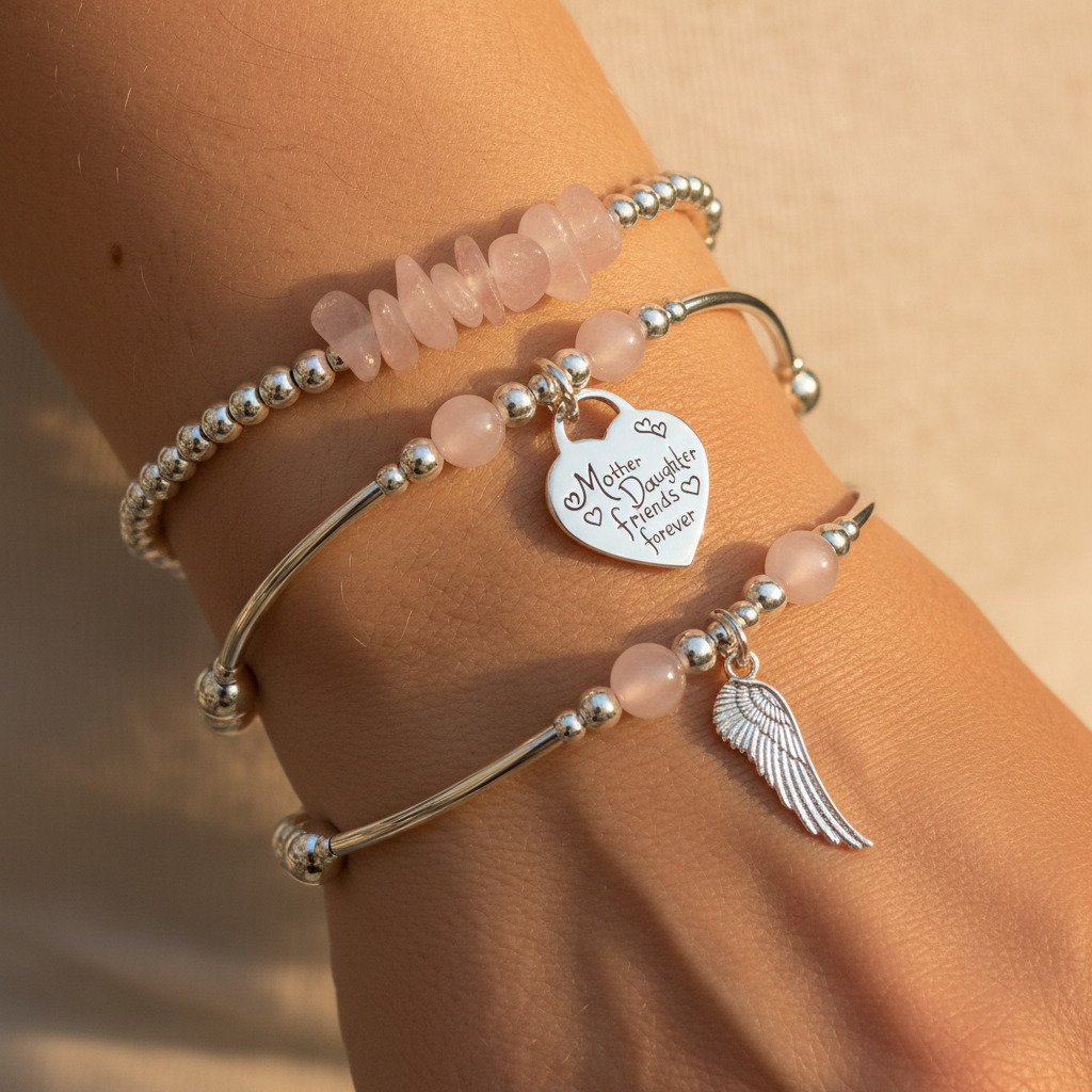 Model wearing a Rose Quartz "Mother Daughter Friends Forever" Women's Sterling Silver Stacking Bracelet Set by My Silver Wish