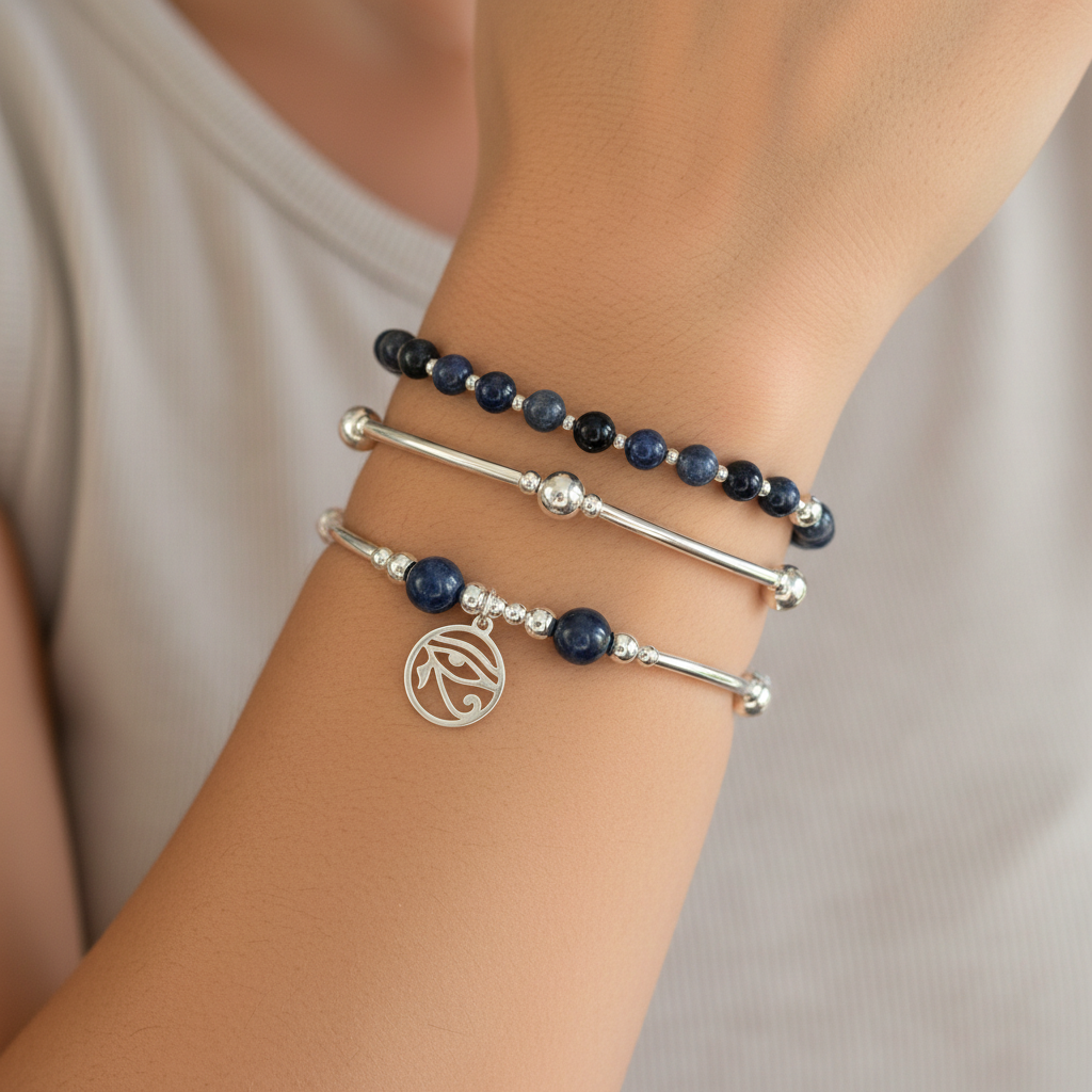 Woman wearing an "Intuition and Insight" Women's Sterling Silver Stacking Charm Bracelet Set by My Silver Wish