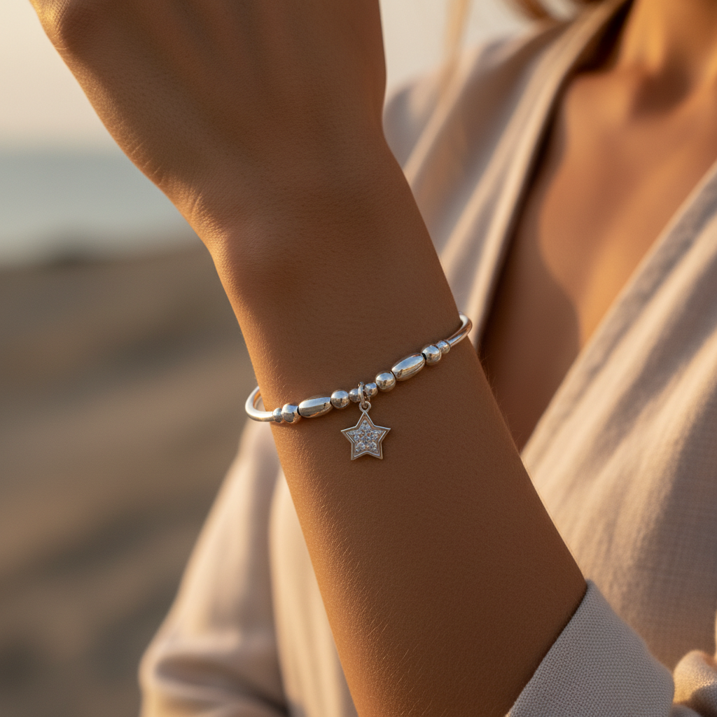 Model wearing a Star charm sterling silver hand-made women's stacking bracelet by My Silver Wish