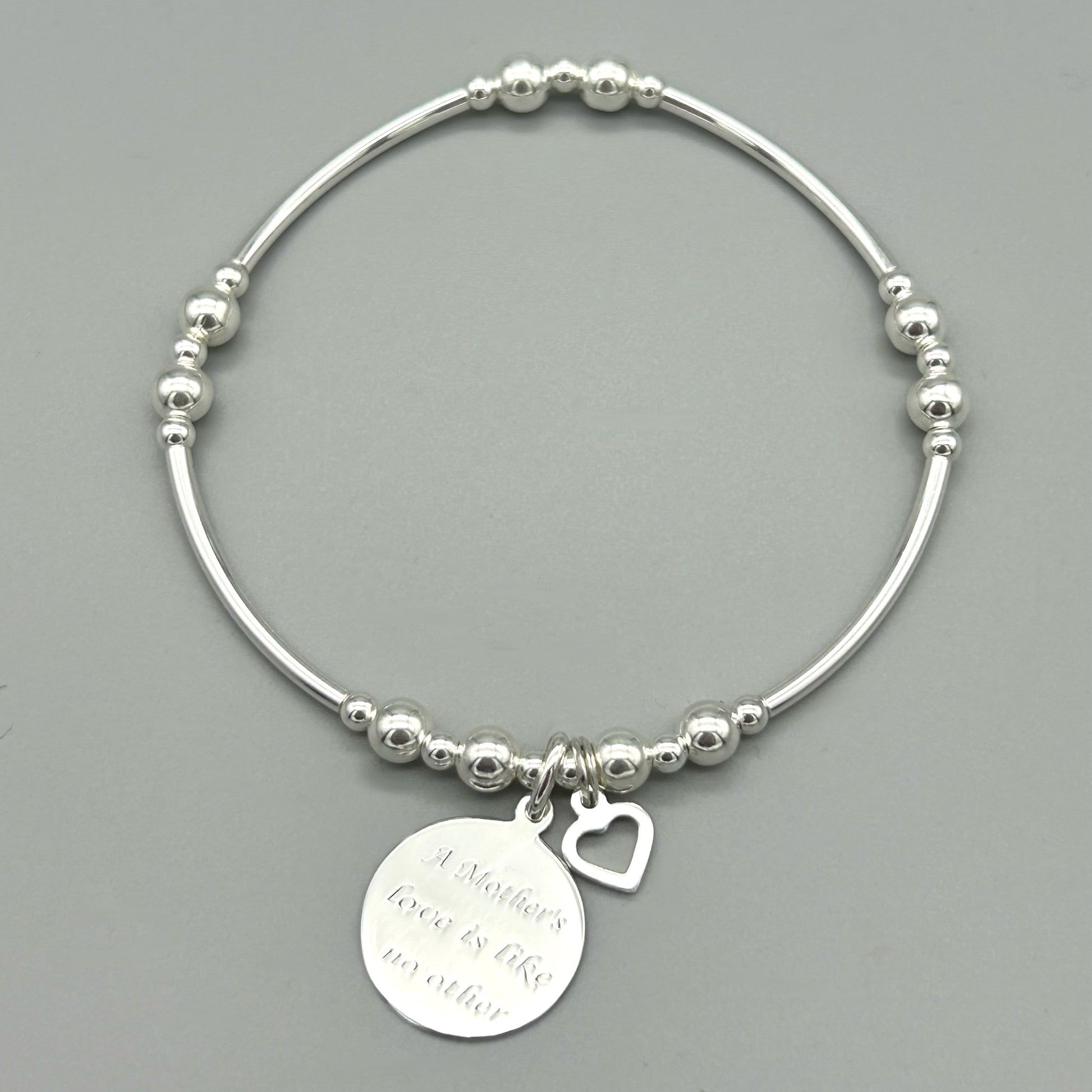 "Mother's Love is Like No Other" & heart charm women's sterling silver stacking bracelet by My Silver Wish