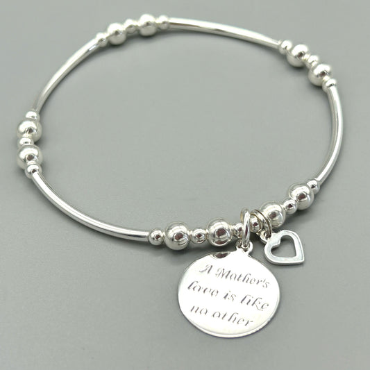 "Mother's Love is Like No Other" & heart charm women's sterling silver stacking bracelet by My Silver Wish