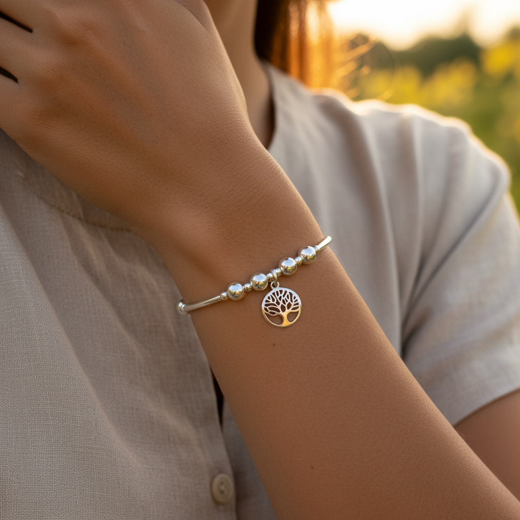 Model wearing a Tree of Life charm sterling silver women's hand-made stacking bracelet by My Silver Wish
