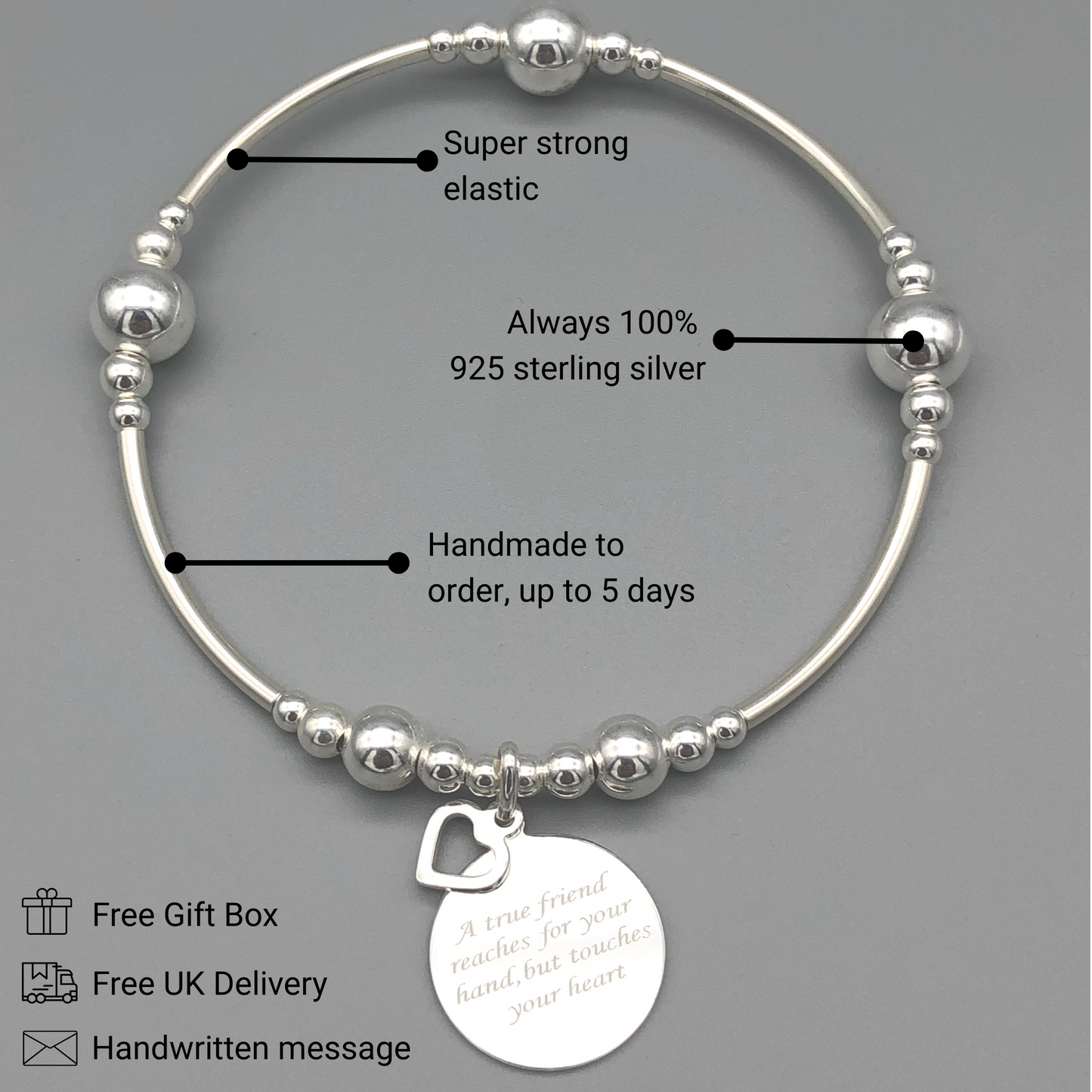 "A true friend reaches for your hand, but touches your heart" women's sterling silver stacking bracelet by My Silver Wish