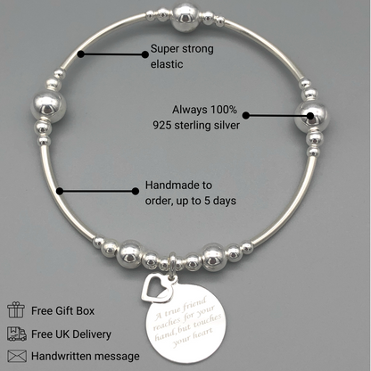 "A true friend reaches for your hand, but touches your heart" women's sterling silver stacking bracelet by My Silver Wish