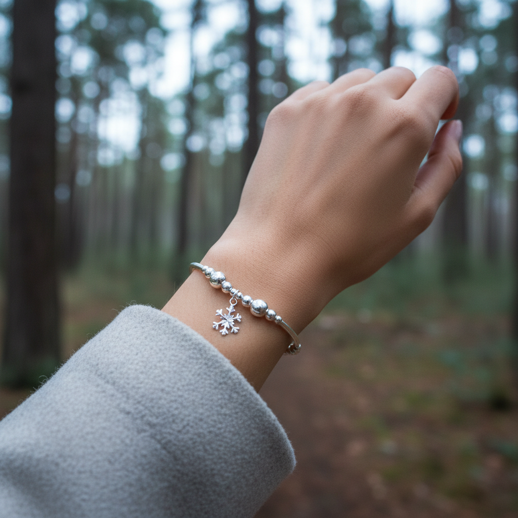 Model wearing a Snowflake charm sterling silver stacking bracelet for her by My Silver Wish