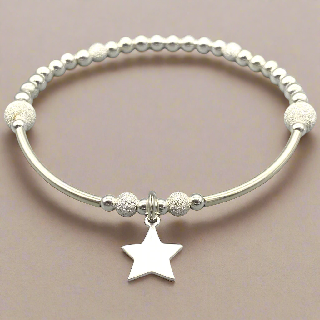 Star charm & starburst beads sterling silver stacking bracelet for her