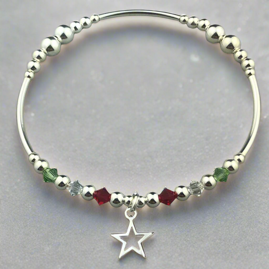 Christmas open star charm sterling silver hand-made women's stacking bracelet