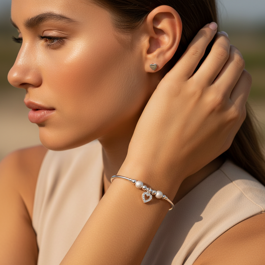 Diamond heart charm sterling silver hand-made women's stacking bracelet and earring gift set