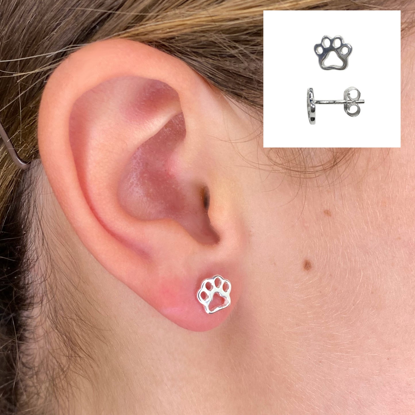 Closeup of Sterling Silver Dog or Cat Paw Print Stud Earrings by My Silver Wish