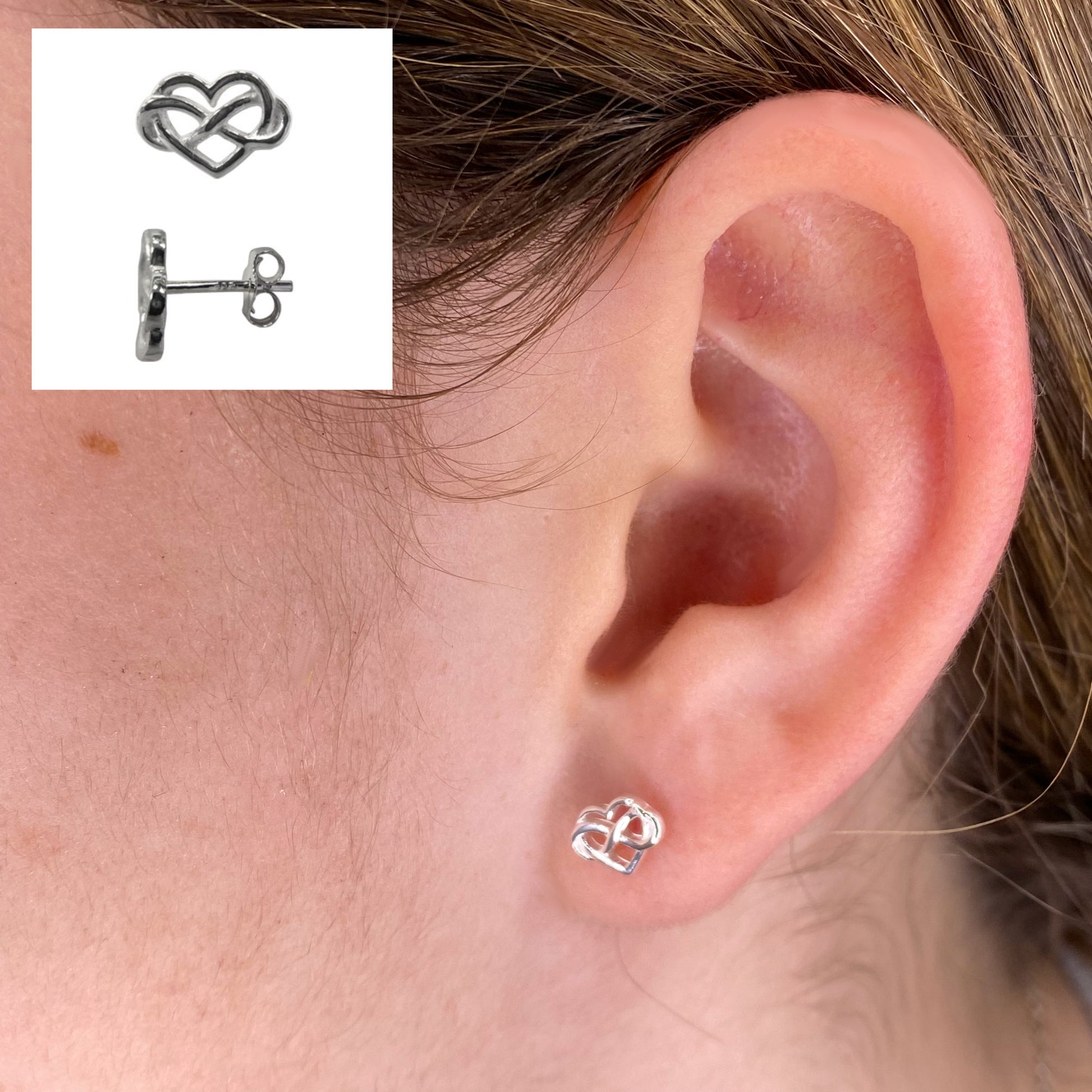 Closeup of Infinity Heart Sterling Silver Stud Earrings by My Silver Wish