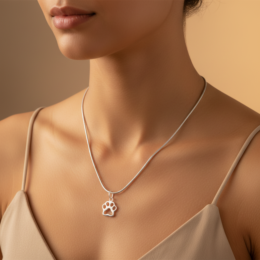 Woman wearing a Sterling Silver Necklace with Dog Paw Pendant by My Silver Wish