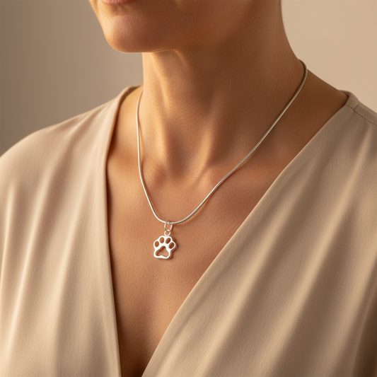 Woman wearing a Sterling Silver Necklace with Cat Paw Pendant by My Silver Wish