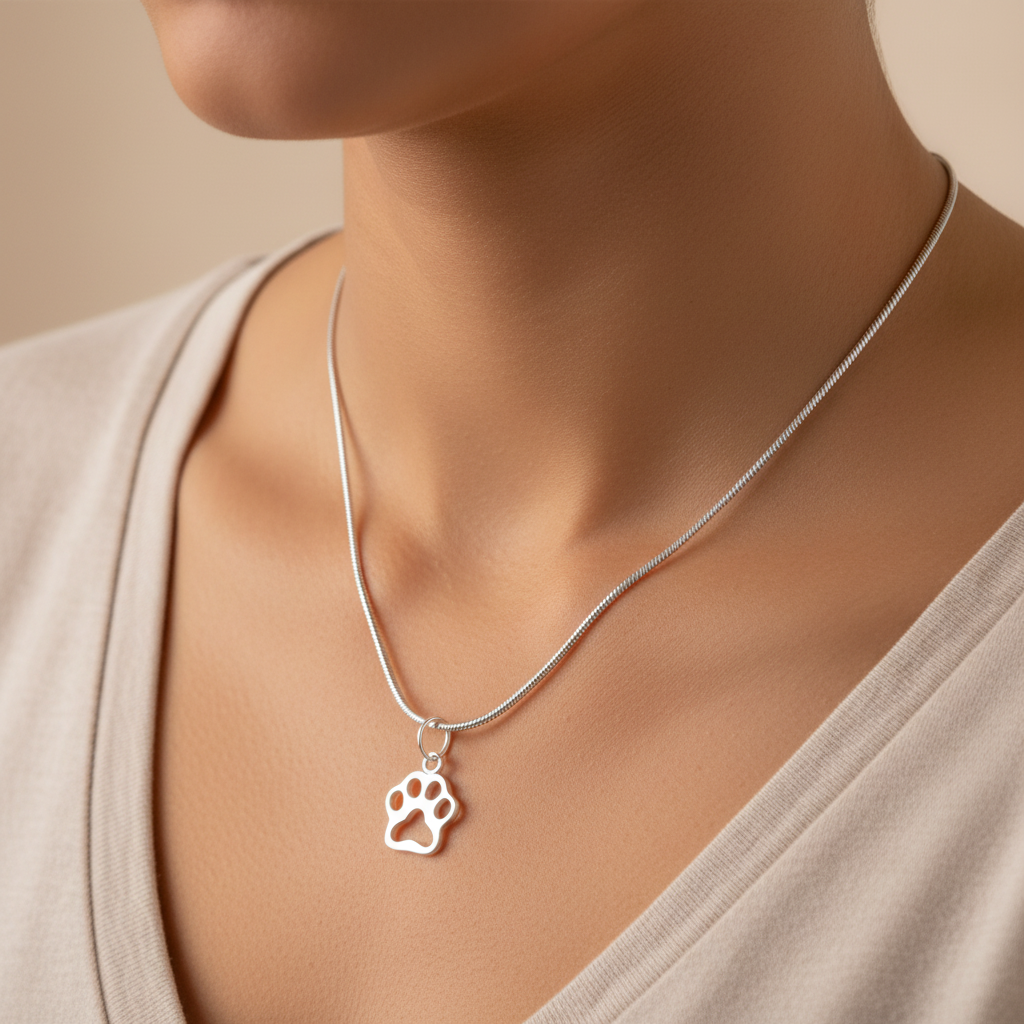 Woman wearing a Sterling Silver Necklace with Dog Paw Pendant by My Silver Wish