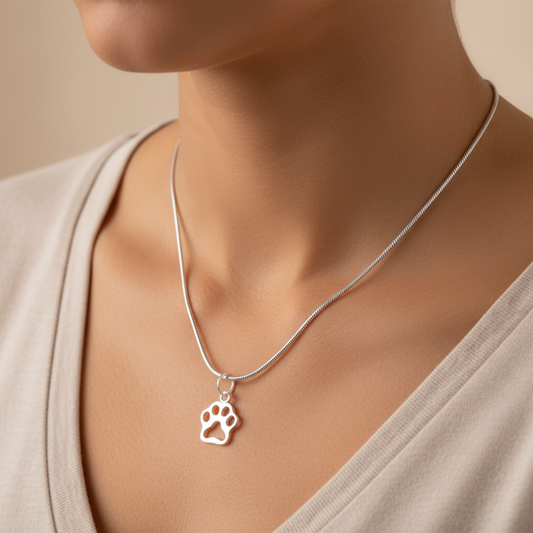 Woman wearing a Sterling Silver Necklace with Dog Paw Pendant by My Silver Wish