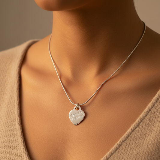 Woman wearing a Sterling Silver Necklace with "Friends Forever" Pendant by My Silver Wish
