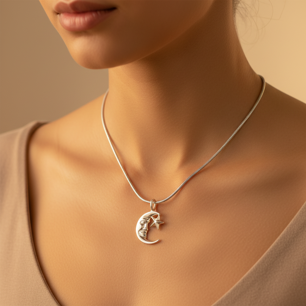 Woman wearing a Sterling Silver Necklace with Moon and Star Pendant by My Silver Wish