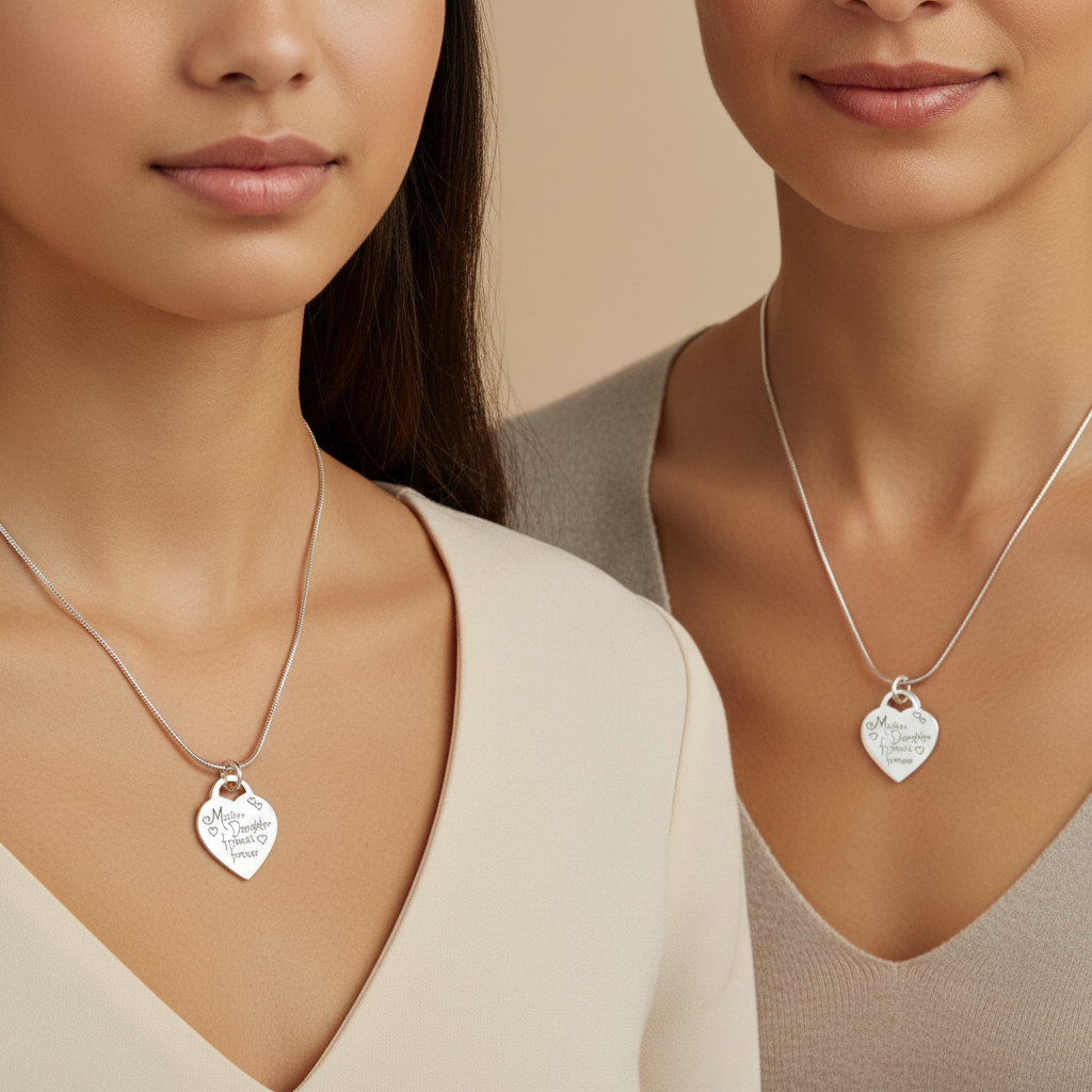 Two women wearing matching Sterling Silver Necklaces with "Mother Daughter" Pendants by My Silver Wish