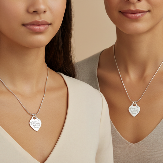 Two women wearing matching Sterling Silver Necklaces with "Mother Daughter" Pendants by My Silver Wish