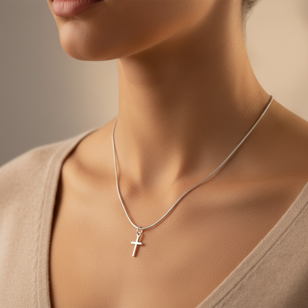 Model wearing a Sterling Silver Necklace with Cross Pendant by My Silver Wish