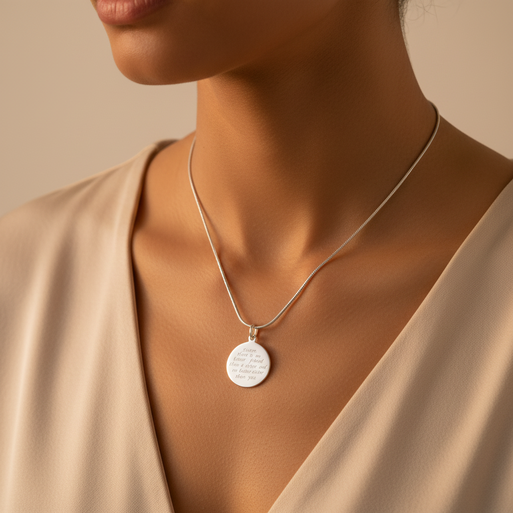 Woman wearing a Sterling Silver Necklace with Sister Pendant by My Silver Wish
