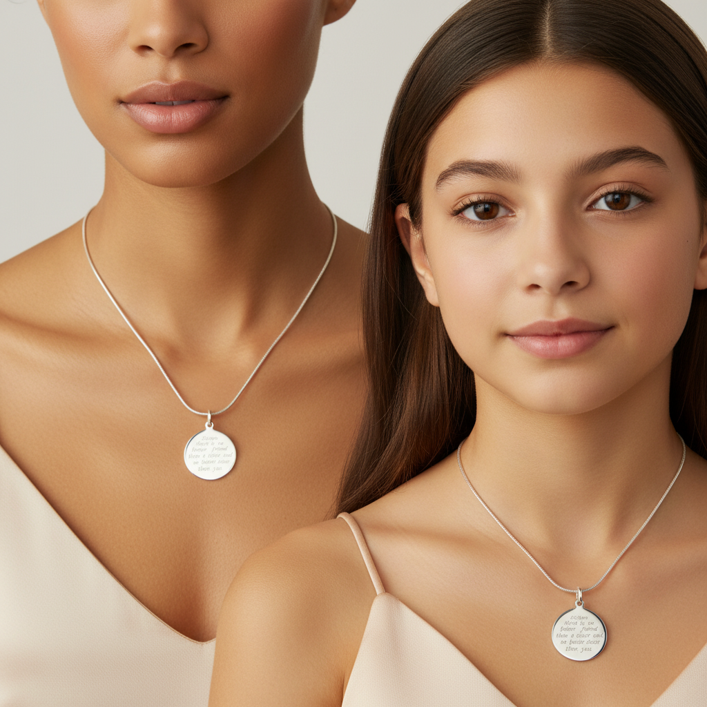 Two women wearing  a Sterling Silver Necklace with Sister Pendant by My Silver Wish