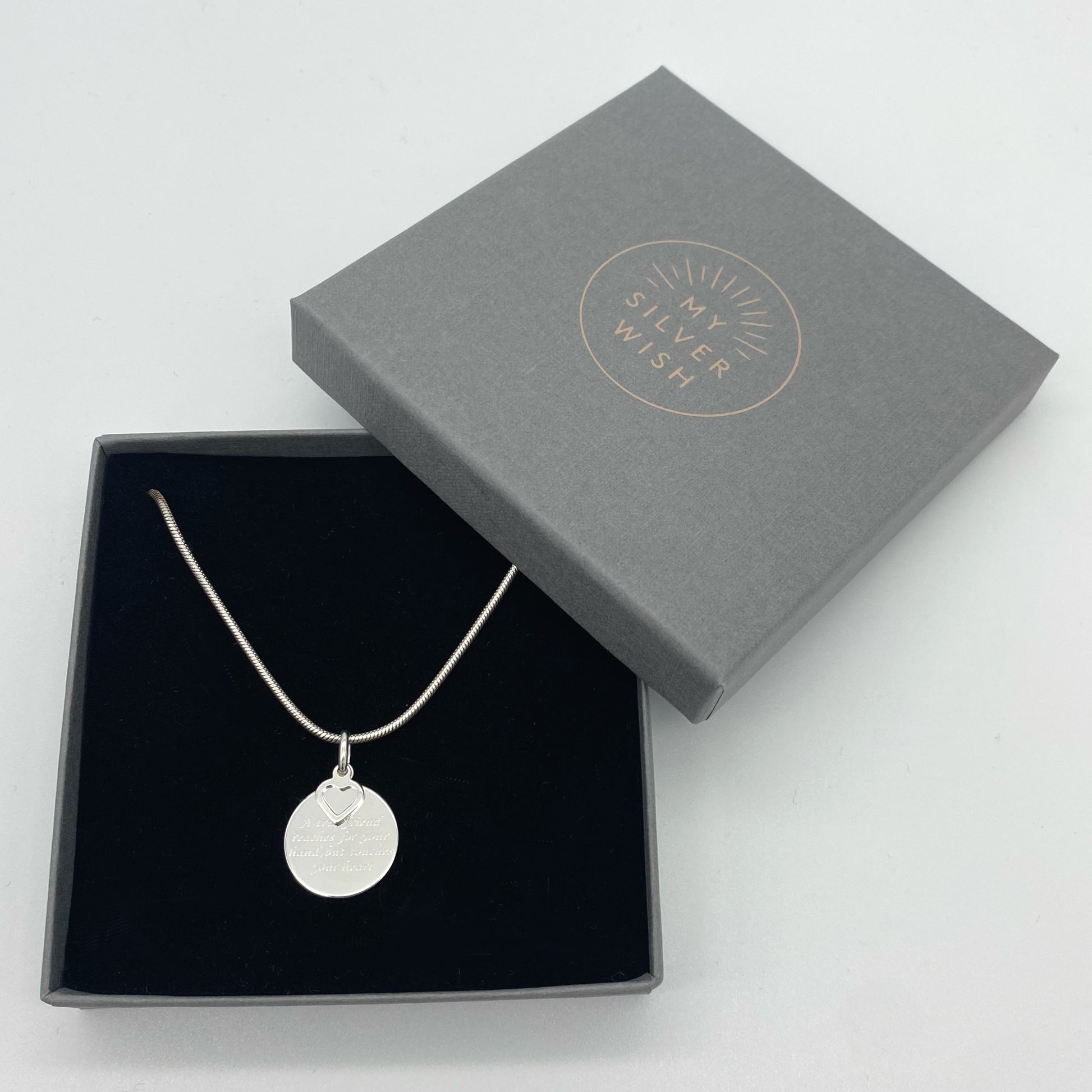 Sterling Silver Necklace with "A True Friend Reaches for your Hand but touches your Heart" Pendant by My Silver Wish