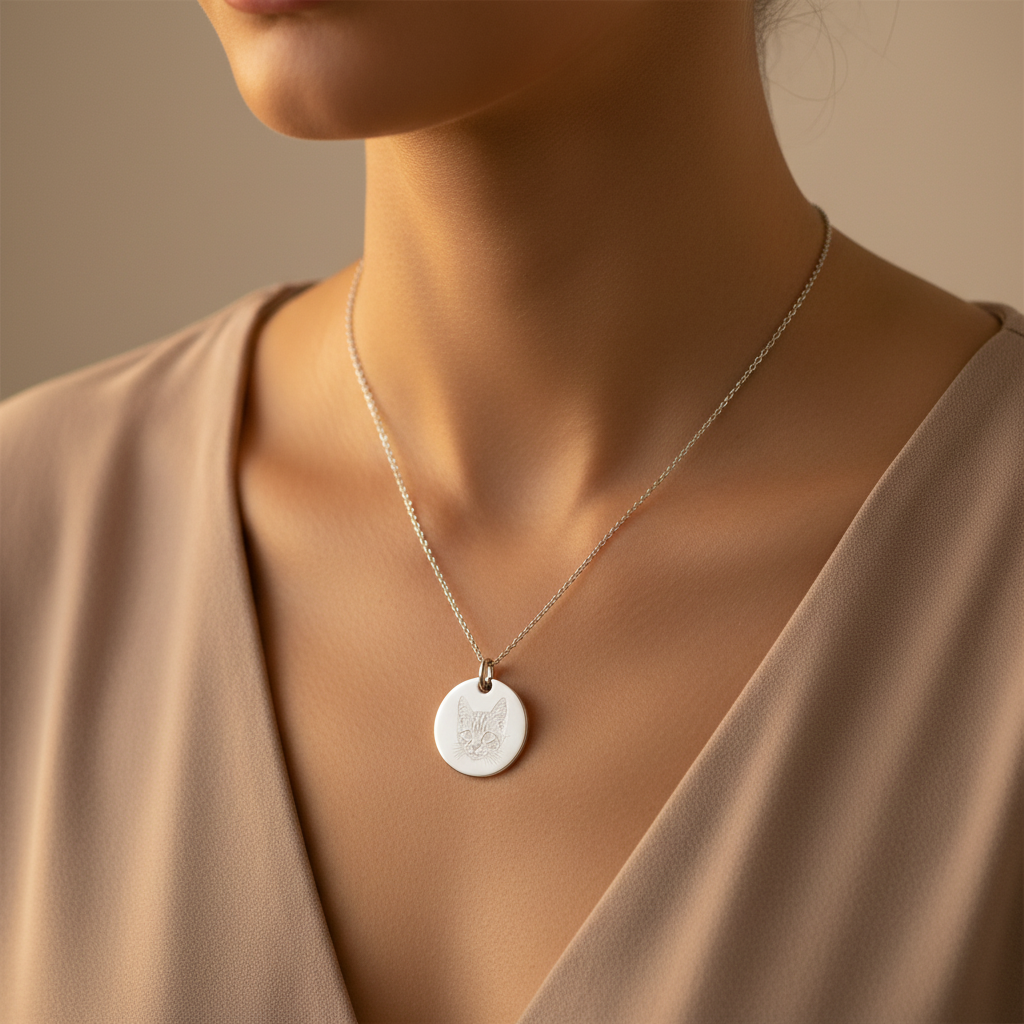 Personalised Engraved Sterling Silver Necklace with Round Pendant