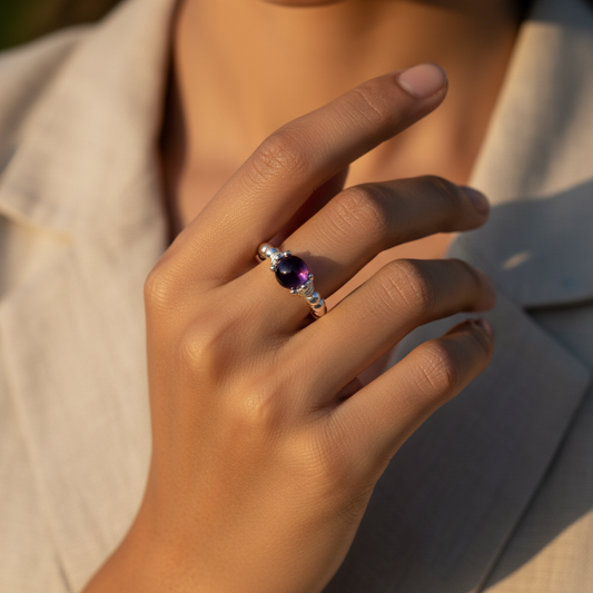 Amethyst bead & sterling silver women's stacking ring