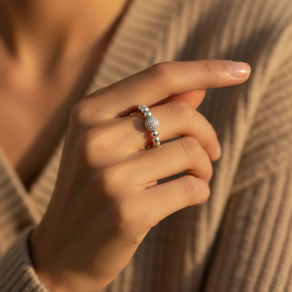 Model wearing a Starburst frosted bead sterling silver stacking ring for her by My Silver Wish