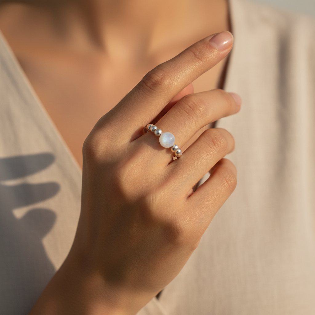 Woman wearing a Moonstone bead & sterling silver women's stacking ring by My Silver Wish