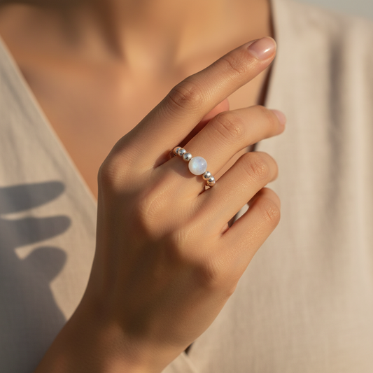Woman wearing a Moonstone bead & sterling silver women's stacking ring by My Silver Wish