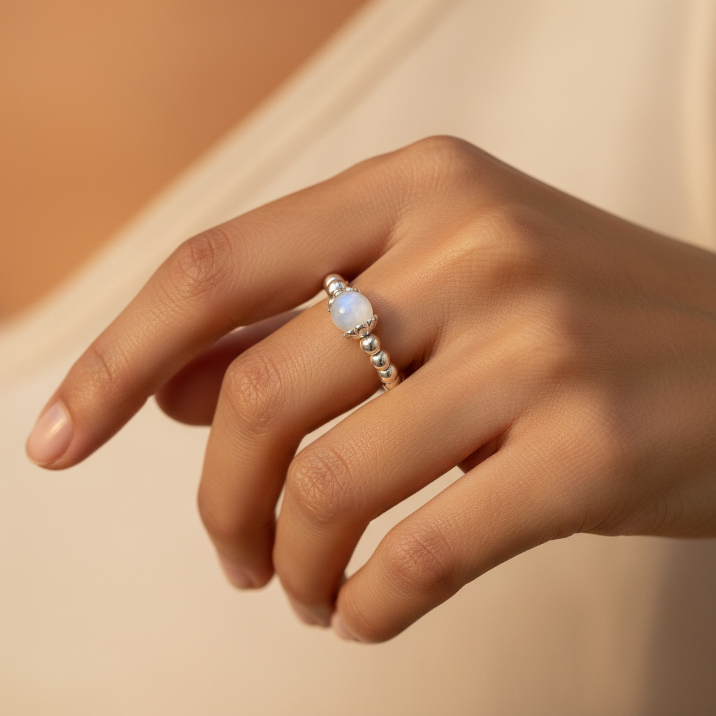 Model wearing a Moonstone crystal bead & sterling silver women's stacking ring by My Silver Wish