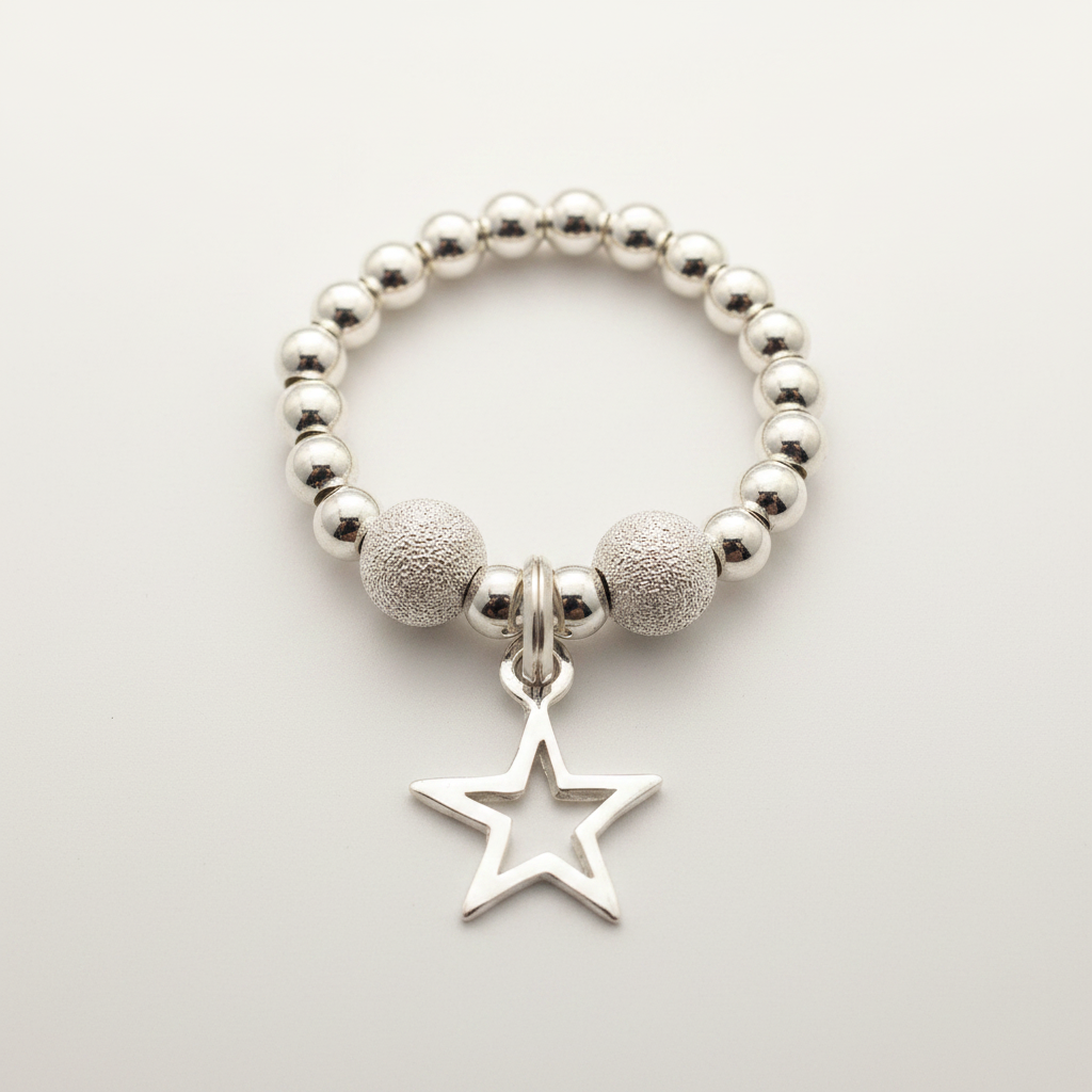 Star charm sterling silver frosted beads women's stacking ring by My Silver Wish