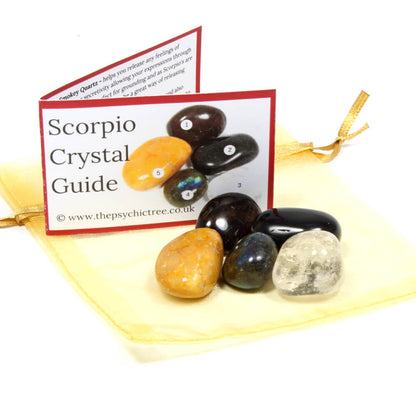 Scorpio star sign crystal bundle: Clear Quartz, Yellow Jasper, Labradorite, Black Obsidian, and Smokey Quartz