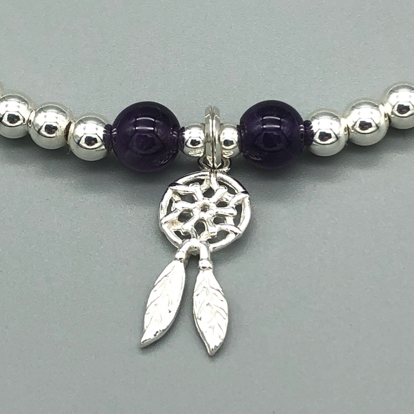Closeup of Dream Catcher Charm & Amethyst Crystal Beads Sterling Silver Stacking bracelet by My Silver Wish
