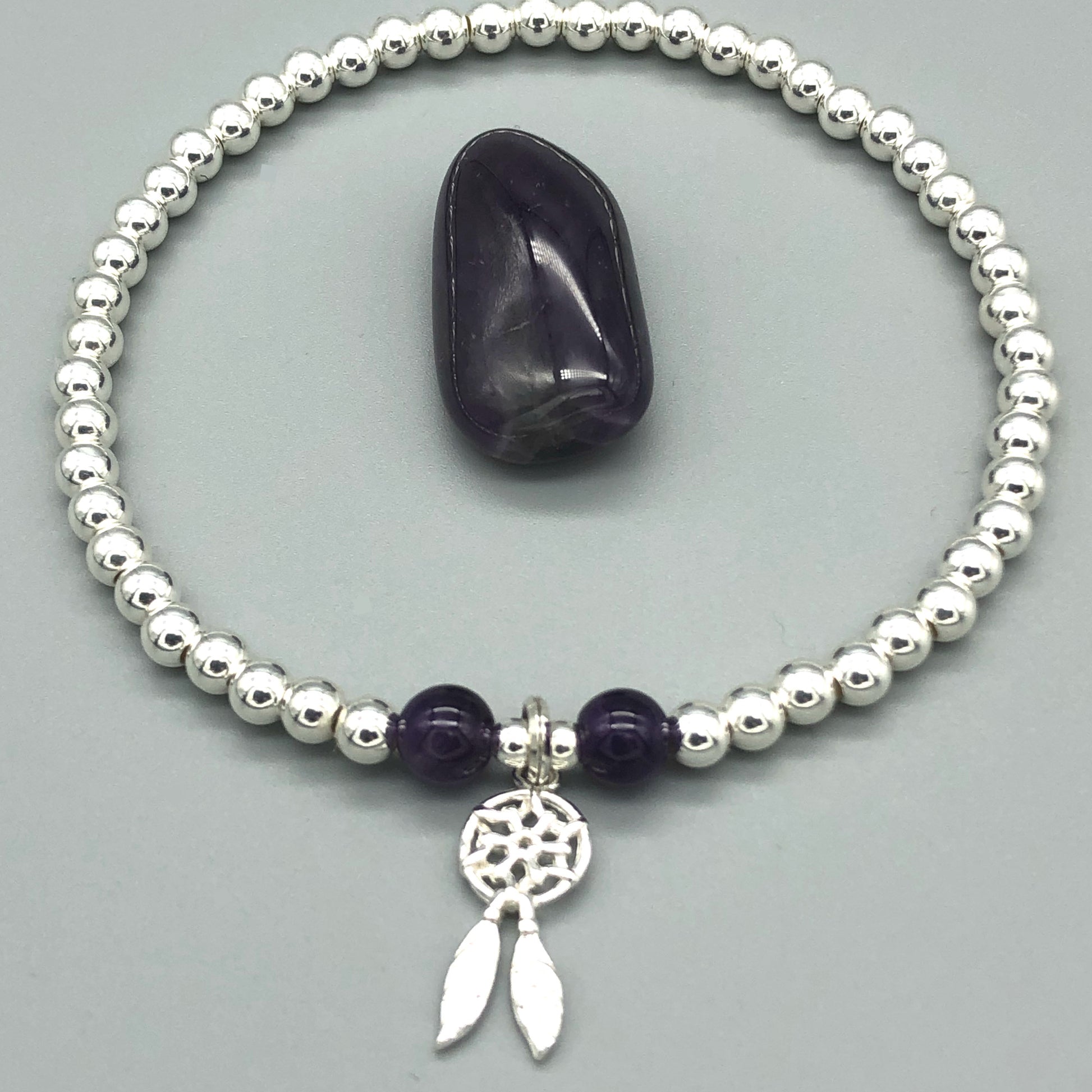 Dream Catcher Charm & Amethyst Crystal Beads Sterling Silver Stacking bracelet by My Silver Wish