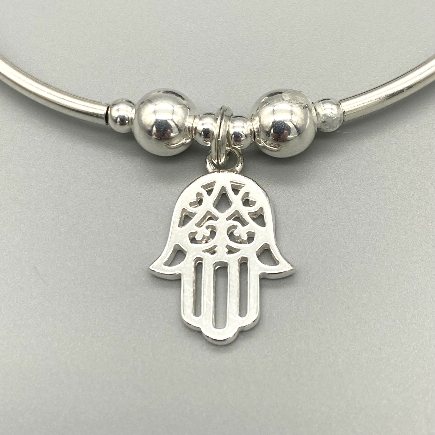 Closeup of Hamsa Hand Charm Amethyst Healing Crystal Sterling Silver Women's Stacking Bracelet by My Silver Wish