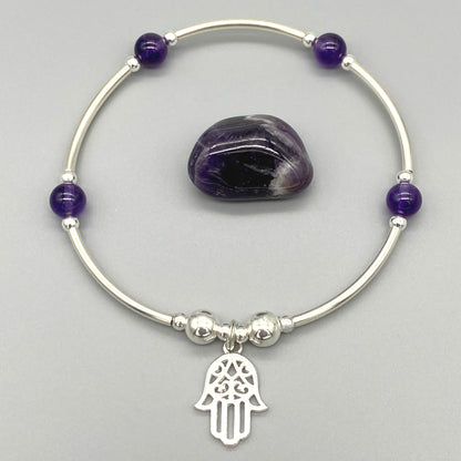 Hamsa Hand Charm Amethyst Healing Crystal Sterling Silver Women's Stacking Bracelet by My Silver Wish