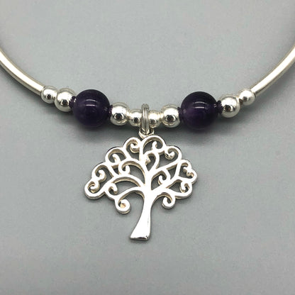 Closeup of Silver Tree Charm & Amethyst Healing Crystal Women's Stacking Bracelet