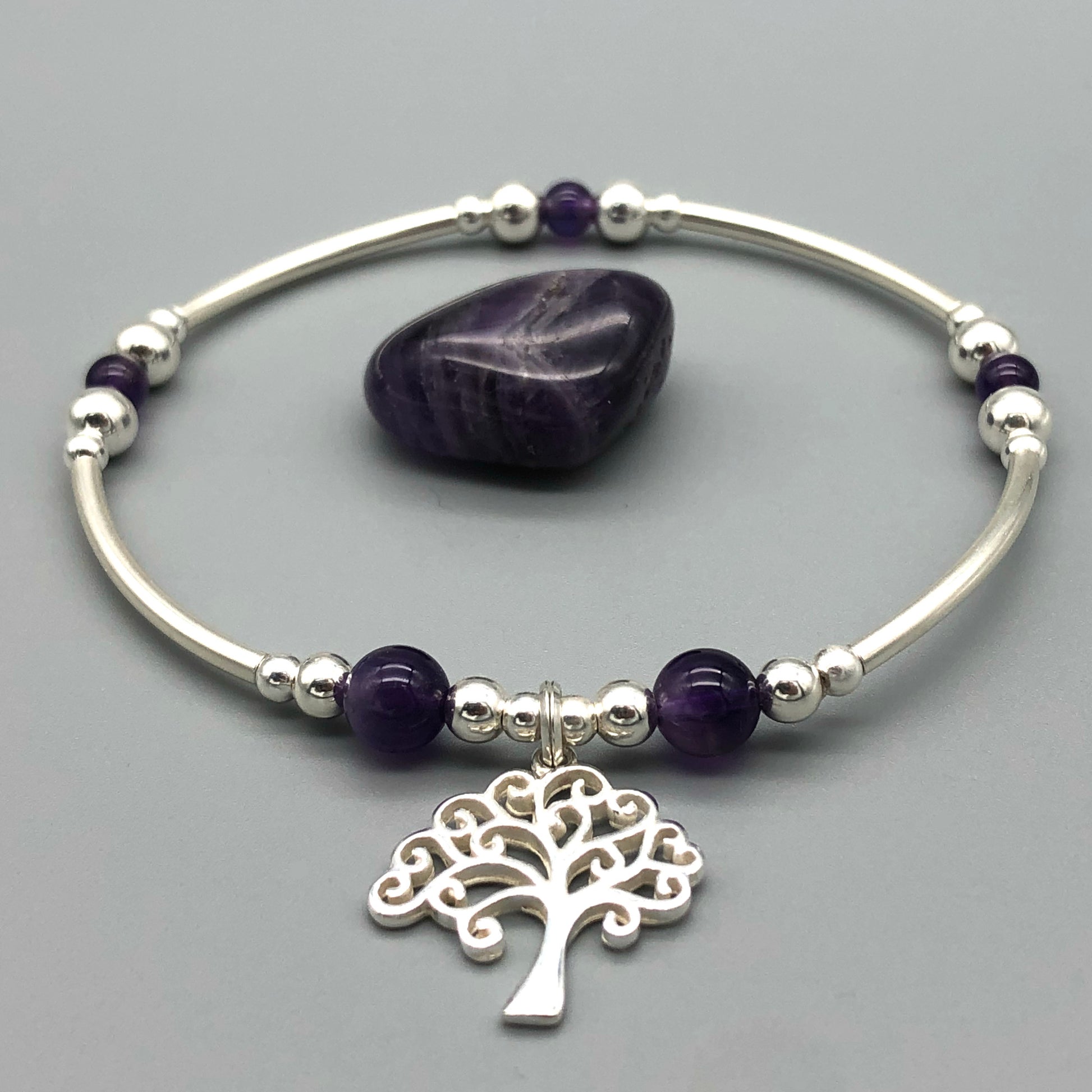Silver Tree Charm & Amethyst Healing Crystal Women's Stacking Bracelet