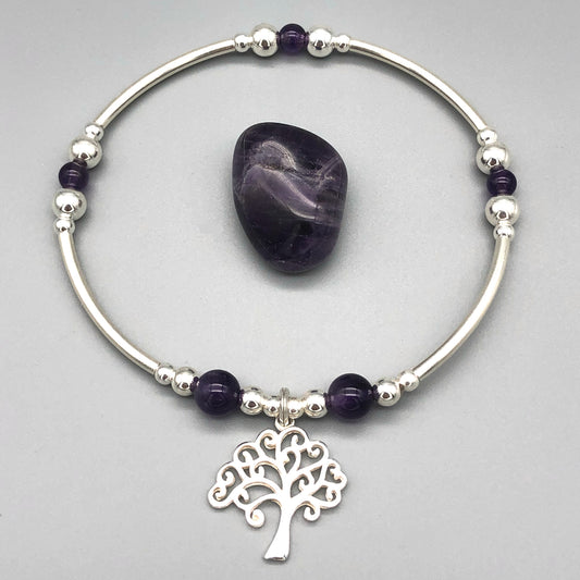 Silver Tree Charm & Amethyst Healing Crystal Women's Stacking Bracelet by My Silver Wish