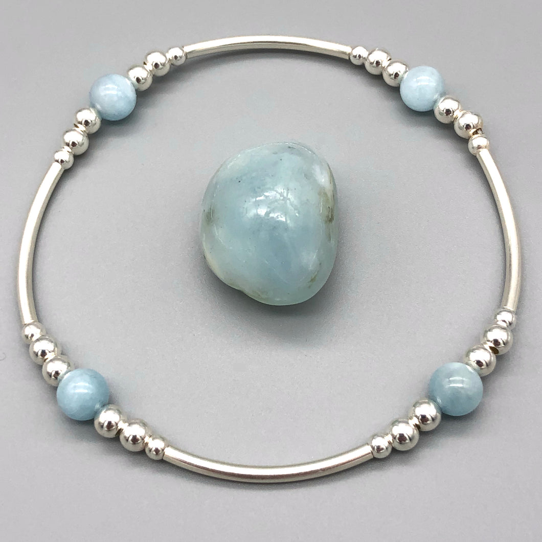 Aquamarine Gemstone Bracelet with 4mm Beads and Sterling Silver Accent Bead  – Djuna Studios