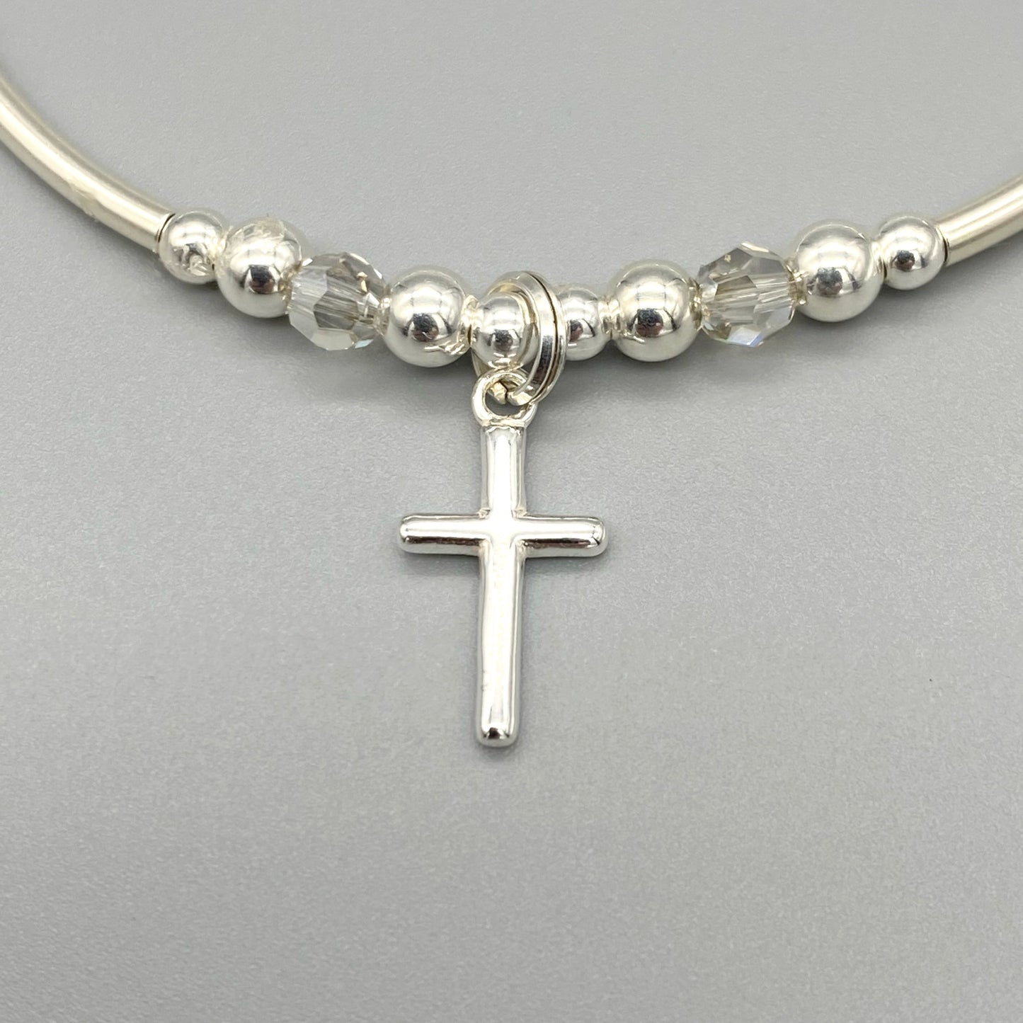 Closeup of Cross Charm & Crystal Beads Sterling Silver Stacking Bracelet for her by My Silver Wish