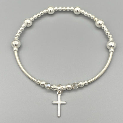 Cross Charm & Crystal Beads Sterling Silver Stacking Bracelet for her by My Silver Wish