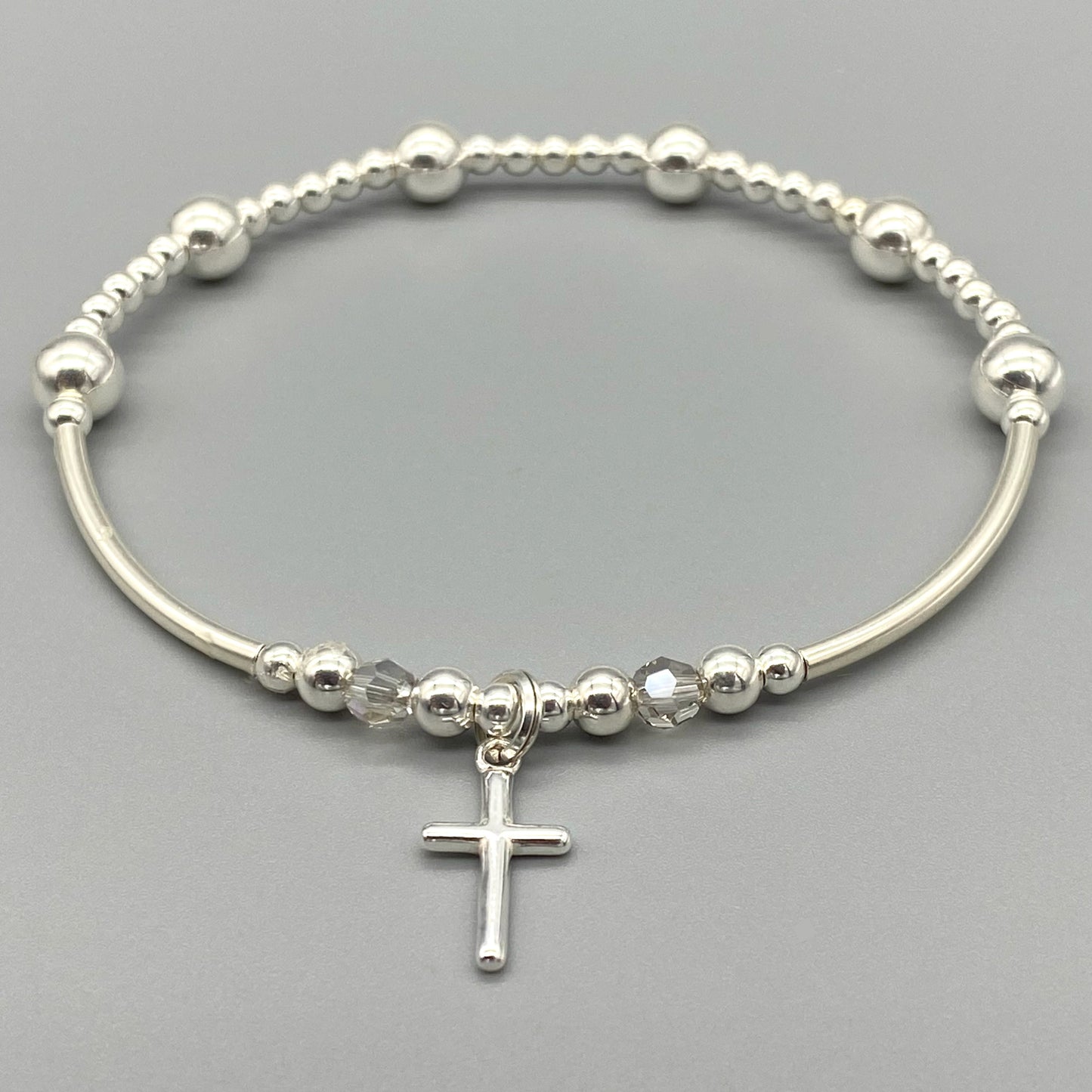 Cross Charm & Crystal Beads Sterling Silver Stacking Bracelet for her by My Silver Wish