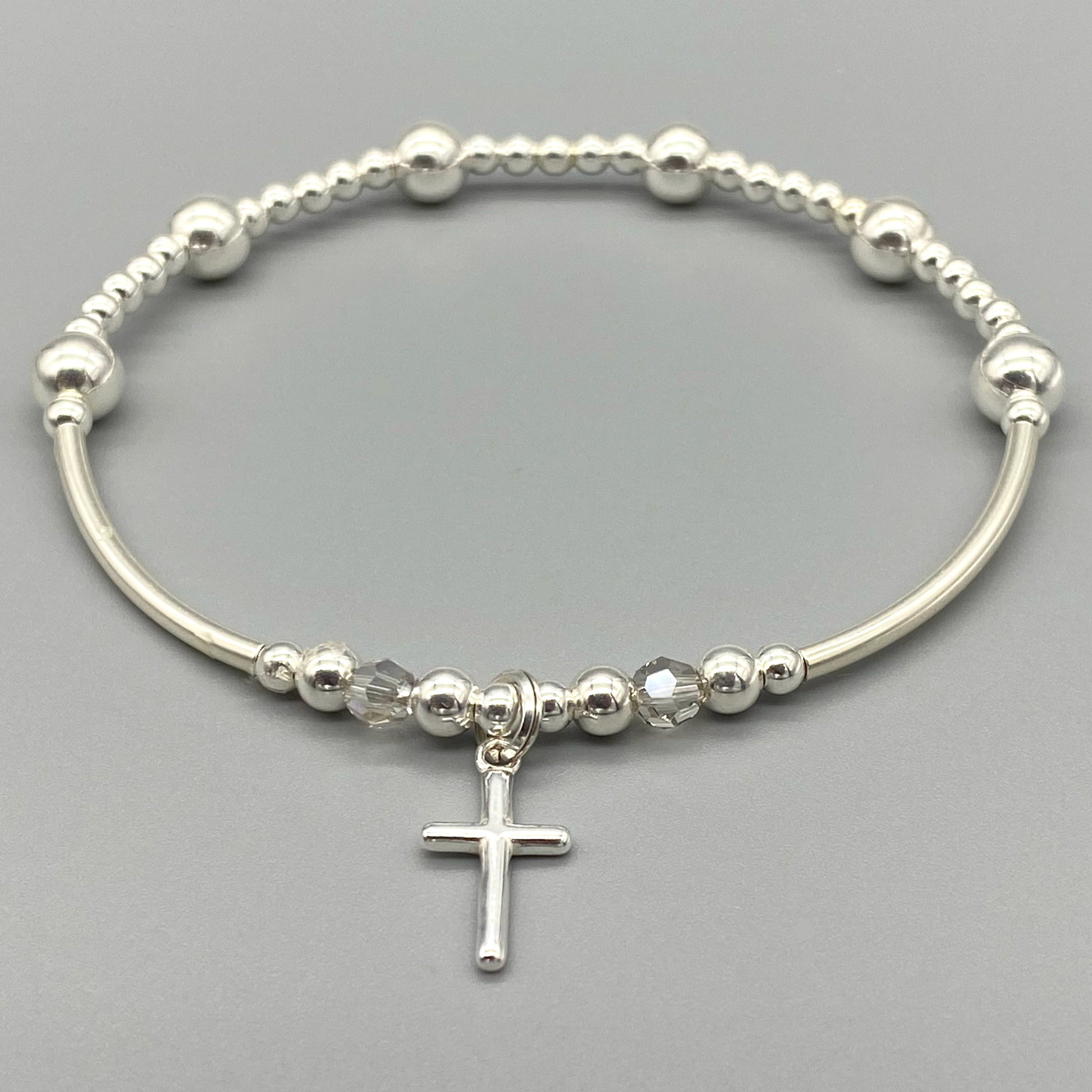 Cross Charm & Crystal Beads Sterling Silver Stacking Bracelet for her by My Silver Wish